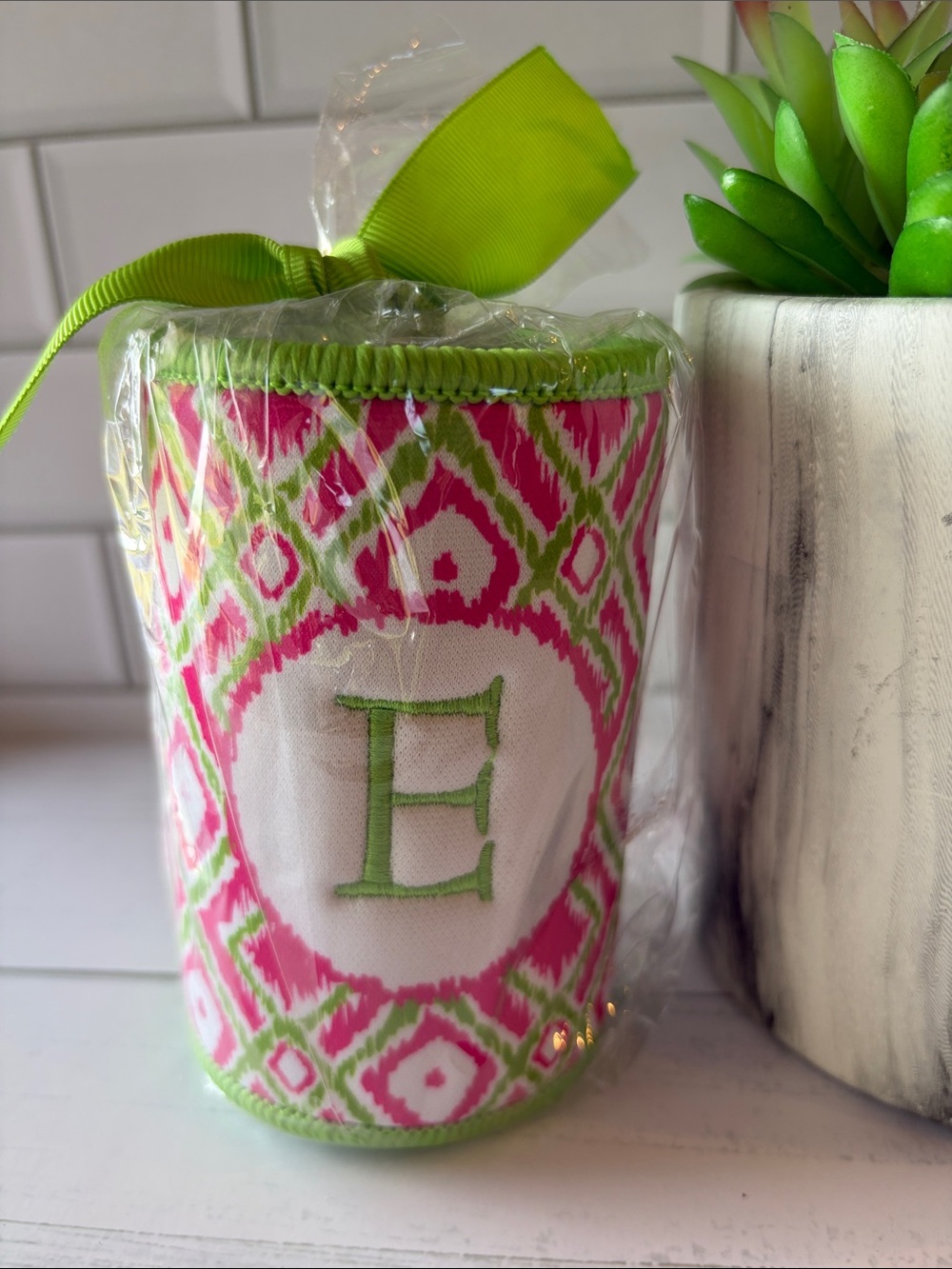 Monogrammed 'E' Neoprene Can Cooler - Pink & Green